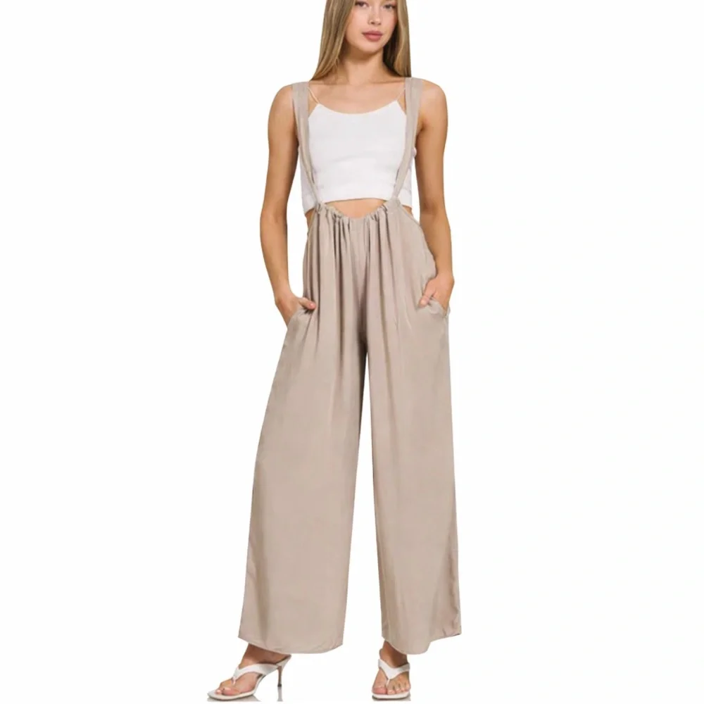 Zenana Light Mocha Tie Back Suspender Wide Leg Jumpsuit Pockets Boho - Picture 2 of 4